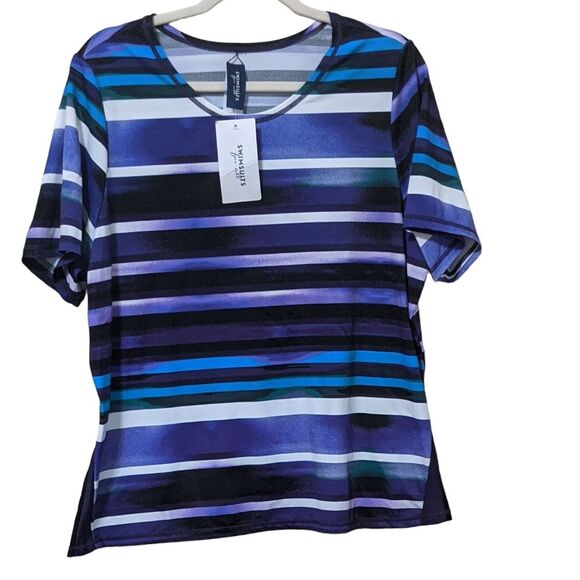 Swimsuits for all Longer Length short sleeve striped UPF lycra swim tunic 20 - Picture 1 of 11